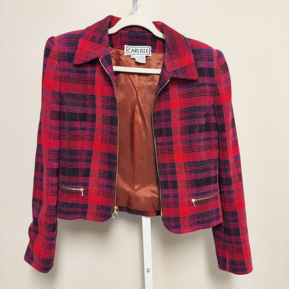 Carlisle Red Purple Plaid Cotton Wool Blend Zip Up Cropped Jacket Size 10 Preppy